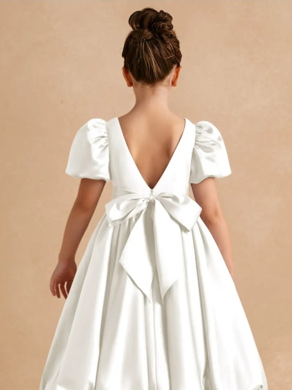 Elegant Satin Flower Girl Wedding Dress With Ties Bow White W/ Lining Size 10